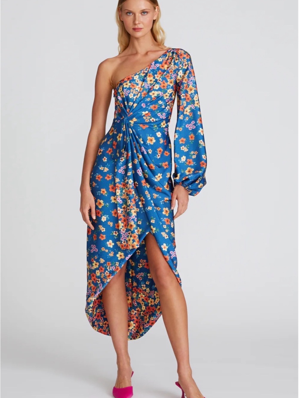 NWT AMUR One-Shoulder Blue Floral Twist-Front Midi Dress available in size 4 & 6